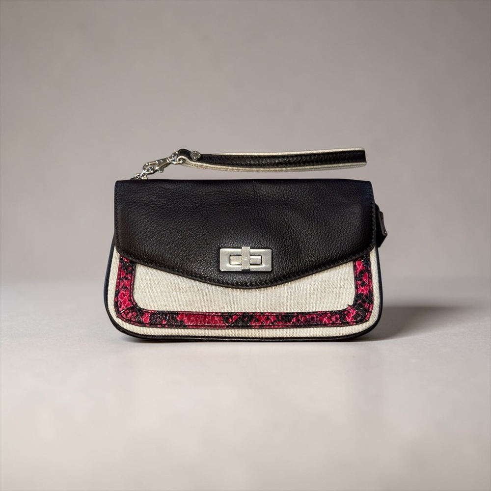 BCBG Max Azria “Sloan” Black Leather& Pink Beige Canvas Clutch Wristlet Bag NWT